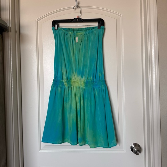 Gypsy 05 Turqoise/Green watercolor Strapless mini Dress charm on drawstring boho - Picture 6 of 11